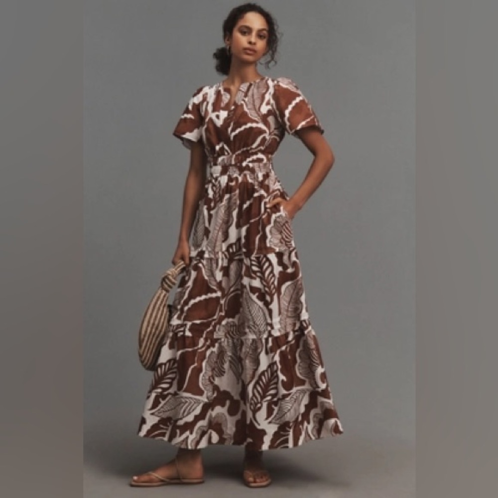 Anthropologie Brown and White Floral Maxi Dress, XS